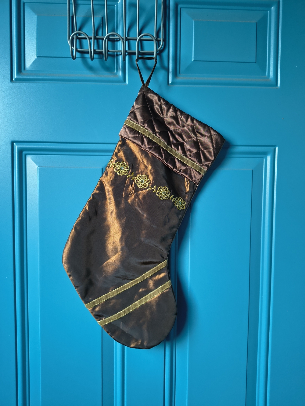 Chocolate Brown Holiday Stocking with Olive Trim - Brand